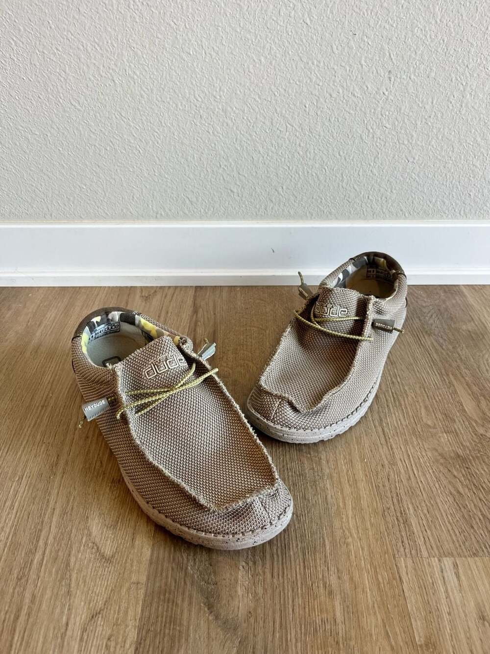 Hey Dude, Wally Sox Camel Brown Slip-Ons, Camo Print, Wide Toe Box, Men’s 8
